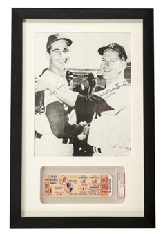Sandy Koufax and Whitey Ford Signed and Framed Photo with 1963 World Series PSA/DNA Graded 8 Full Ticket (Koufax Strikeout Record Game)
